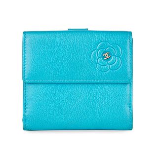 CHANEL TURQUOISE CAMELLIA WALLET Condition grade B. 11cm long, 10cm high. Produced between 2008...