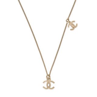 CHANEL, CC CHARM NECKLACE AND EARRING SET, gold-toned textured CC logo charms, signed Chanel. Ear...