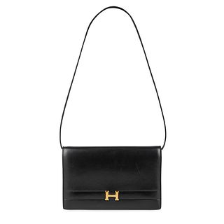 HERMES VINTAGE BLACK BOX LEATHER ANNIE CLUTCH BAG Condition grade B-.Â  24cm long, 15cm high. Sh...