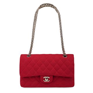 CHANEL RED FABRIC MEDIUM CLASSIC FLAP BAG Condition grade A-. Produced in 2005. 25cm long, 16cm...