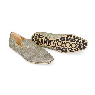 JIMMY CHOO GLITTER FABRIC LOAFERS Condition grade A, unworn. Size 39.5. Gold and silver sparkly...