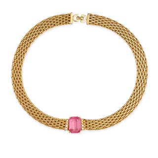 CHRISTIAN DIOR VINTAGE CHAIN MAIL NECKLACE in gold toned metal.Â Pink and white faux gemstone deta...