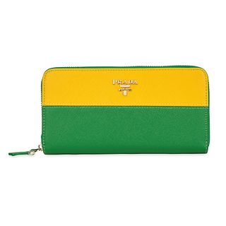PRADA YELLOW AND GREEN SAFFIANO LEATHER LONG WALLET Condition grade A. 20cm long, 10cm high. Ye...
