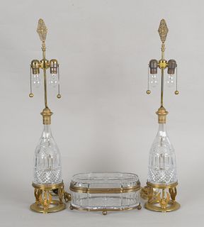Pair of French Gilt Bronze and Cut Glass Lamps
