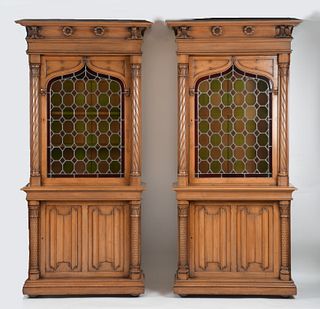 Pair of Gothic Revival Leaded Glass Bookcases