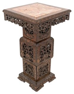 Chinese Marble-Mounted Carved Hardwood Pedestal