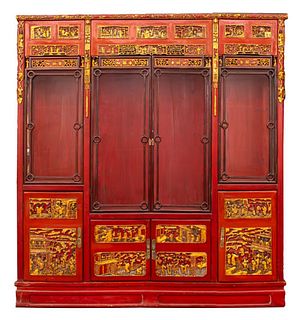 Chinese Parcel Gilt and Red Lacquered Bookcase