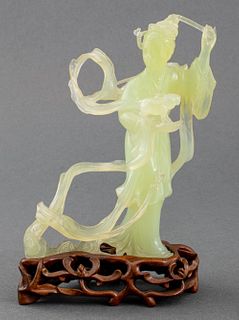 Chinese Jade Quan Yin Sculpture on Wood Stand