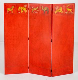 Mid-Century Red Japanned Three Panel Screen, 1950s