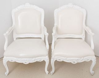 Louis XV Style White Lacquered Arm Chairs, Pair