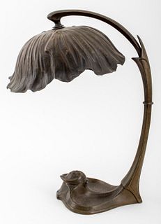 Art Nouveau Lily Form Brass Inkwell Table Lamp