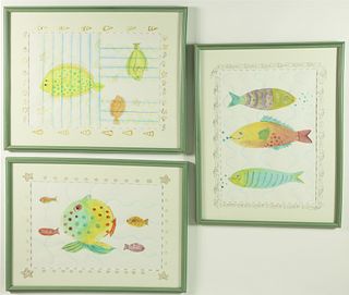Three Watercolors, Pen and Ink Drawings of Fishes