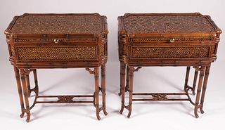 Pair of Maitland Smith Faux Bamboo and Rattan Side Tables, Contemporary