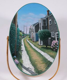 Harriet Mottes Finely Painted Cherry Shaker Box "Front Street, 'Sconset, Nantucket"
