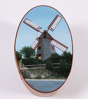 Harriet Mottes Finely Painted Cherry Shaker Box "The Old Mill, Nantucket"