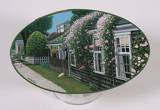 Harriet Mottes Finely Painted Cherry Shaker Box "Nantucket Rose Covered Cottages"