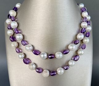 14k Yellow Gold, Amethyst and White Fresh Water Pearl Necklace