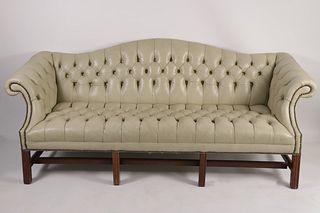 Chippendale Style Creme Tufted Leather Scroll-Arm Sofa