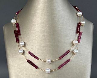 18k Yellow Gold, Ruby and 9.2mm White Fresh Water Pearl Necklace