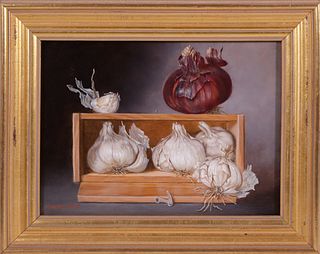 Irmgard Arvin Oil on Board "Still Life with Aliums, Garlic and Red Onion"