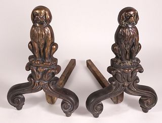 Pair of Bronze Seated Dog Andirons, 19th Century