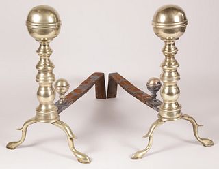 Pair of Period Brass Ball Top Andirons with Matching Log Stops, 19th Century
