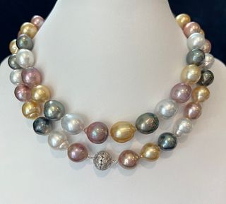 14k Gold and Diamond Baroque South Sea Pearl Necklace