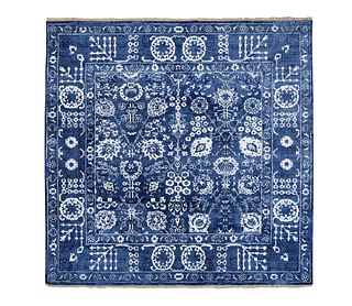 Denim Blue Hand Knotted Wool and Silk Tabriz Oriental Carpet