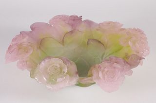 French Daum Lavender and Green Glass Rose Bowl in Original Box