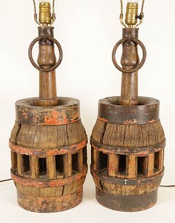 Pair of Antique Wheel Hubs Mounted as Lamps, 19th Century