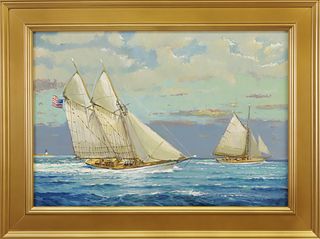 William Lowe Oil on Linen "Hard Driving Schooner Departing Nantucket"
