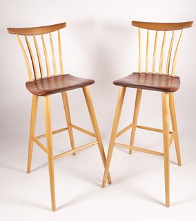 Pair of Signed Stephen Swift Cherry and Ash Riley Grace Bar Stools, circa 2006