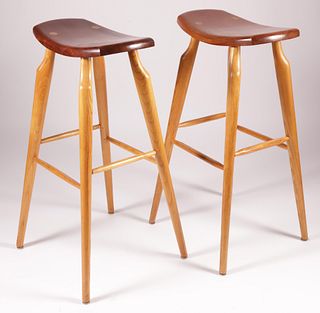 Pair of Signed Stephen Swift Cherry and Ash Bar Stools, circa 1991