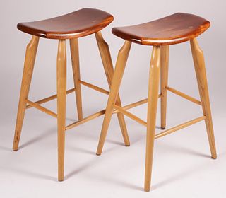 Pair of Signed Stephen Swift Cherry and Ash Bar Stools, circa 1994