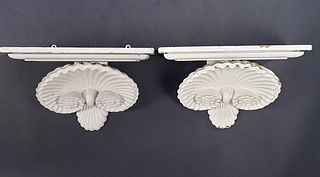 Pair of Antique Carved and Painted Shell Wall Bracket Shelves