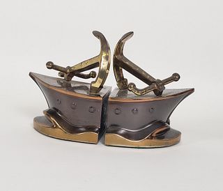 Pair of Vintage Brass Figural Anchor and Ship Bookends