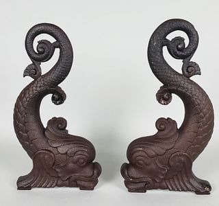 Pair of Antique Cast Iron Figural Dolphin Sea Serpent Andirons