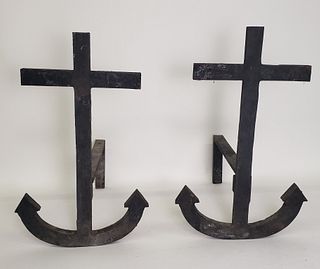 Pair of Vintage Figural Cast Iron Anchor Andirons