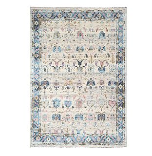 Ivory and Blue Hand Knotted Wool Carpet in an Oushak Inspired Mahal Design