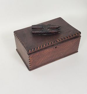 Antique Oak Carved Inlaid Cigar Box, 19th Century