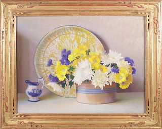 Sidney F. Willis Pastel "Yellow and White Mums with Pitcher"