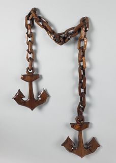 Vintage American Carved Folk Art Wood Sailor's Anchor and Chain Link Whimsy
