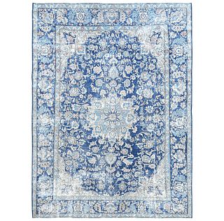 Denim Blue Hand Knotted Wool Persian Kerman Oriental Carpet