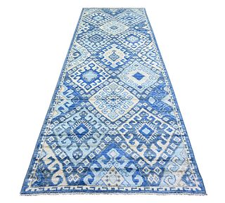 Blue Hand Knotted Wool Oriental Wide Carpet Runner
