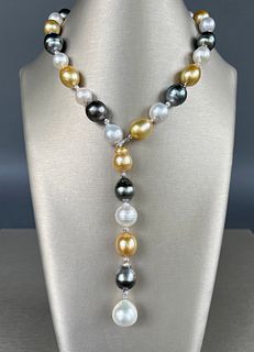 14k White Gold Multi-color South Sea Pearl Lariat Necklace