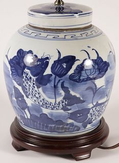 Chinese Blue and White Porcelain Lotus Jar, 20th Century, Mounted as a Lamp