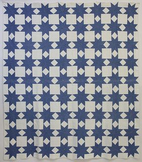 Vintage Denim Blue 8-Point Touching Stars Quilt on White Ground, circa 1930s