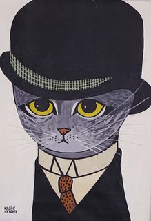 Maggie Meredith Oil on Canvas "Portrait of a Cat in a Black Derby Hat"