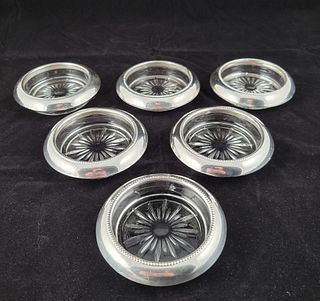 Six Vintage Whiting Sterling Silver and Crystal Coasters