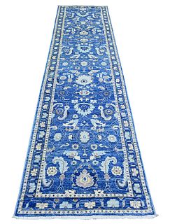 Steel Blue Hand Knotted Wool Peshawar Oriental Carpet Runner